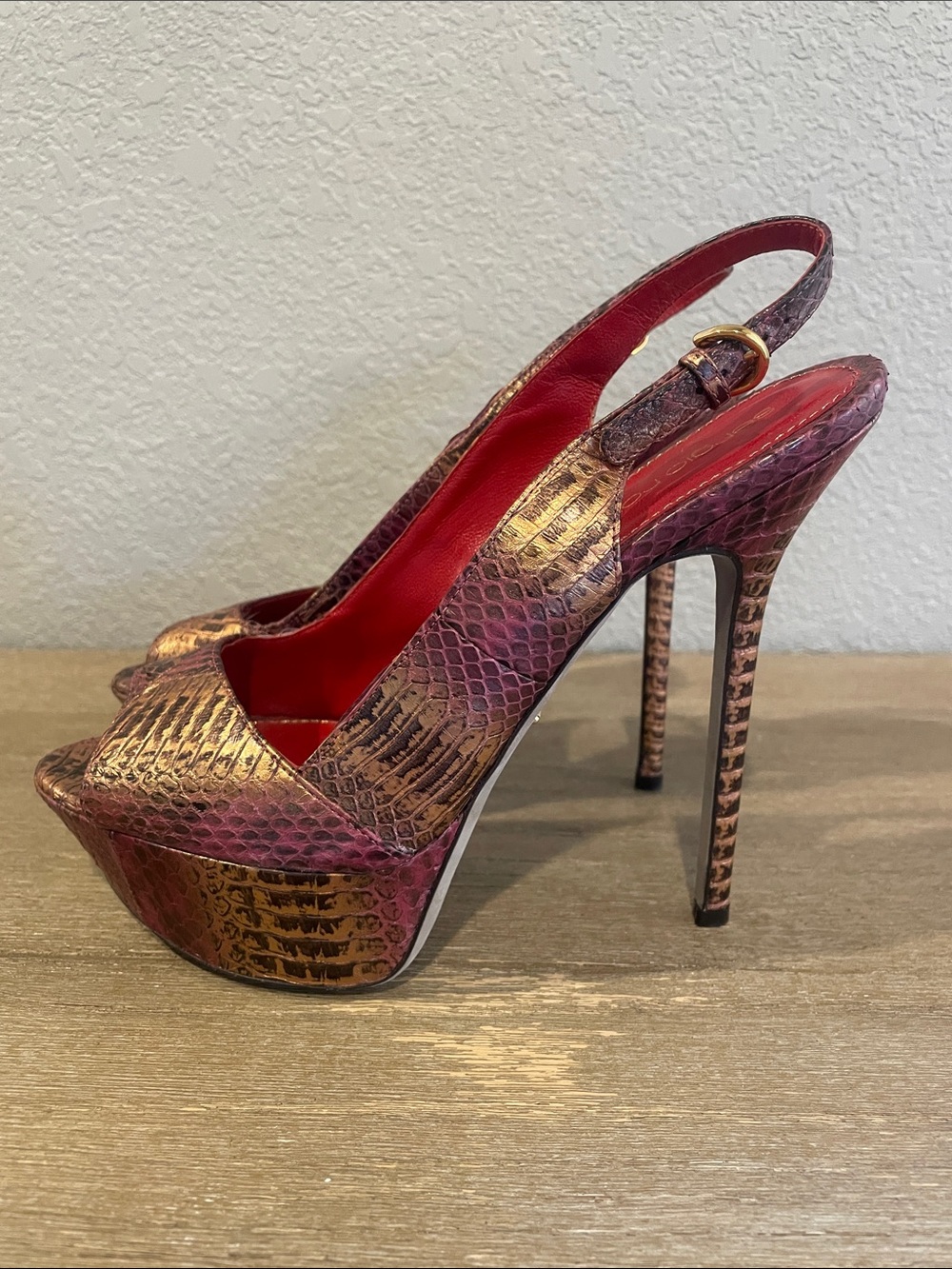 Sergio Rossi Two-Tone Watersnake Peep Toe Platform Slingback Pumps.